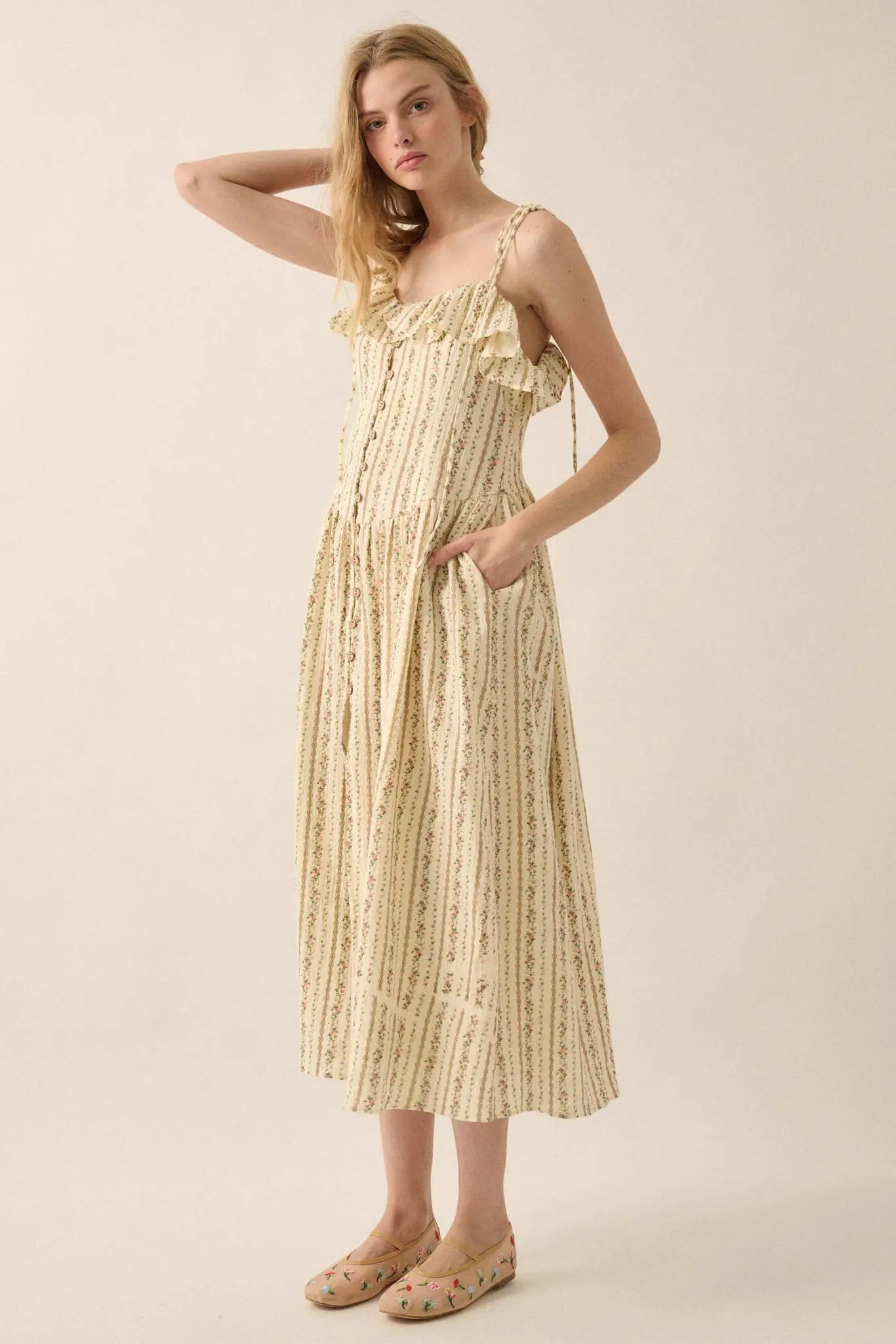 Climbing Vines Floral Gauze Ruffle Midi Dress
