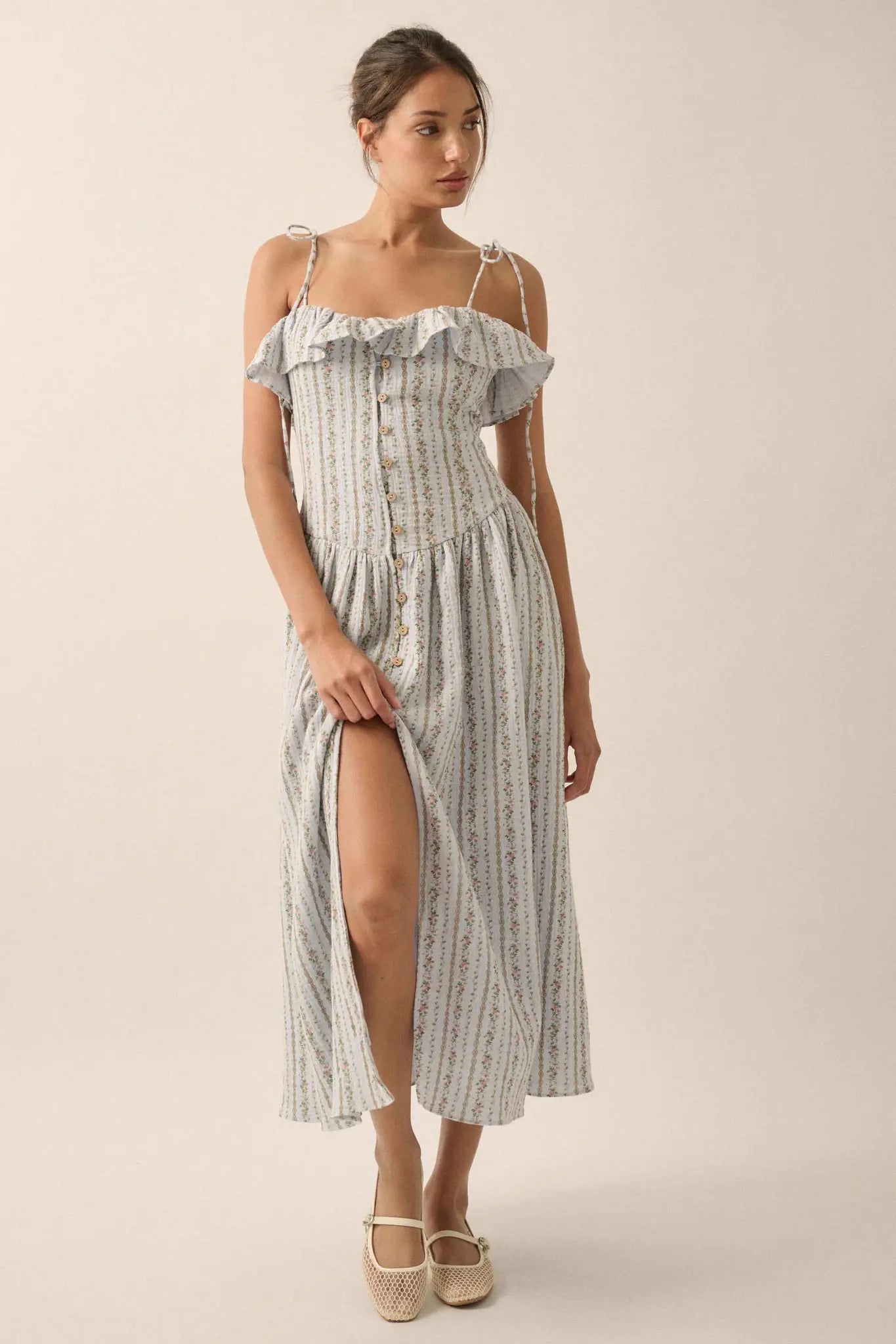 Climbing Vines Floral Gauze Ruffle Midi Dress