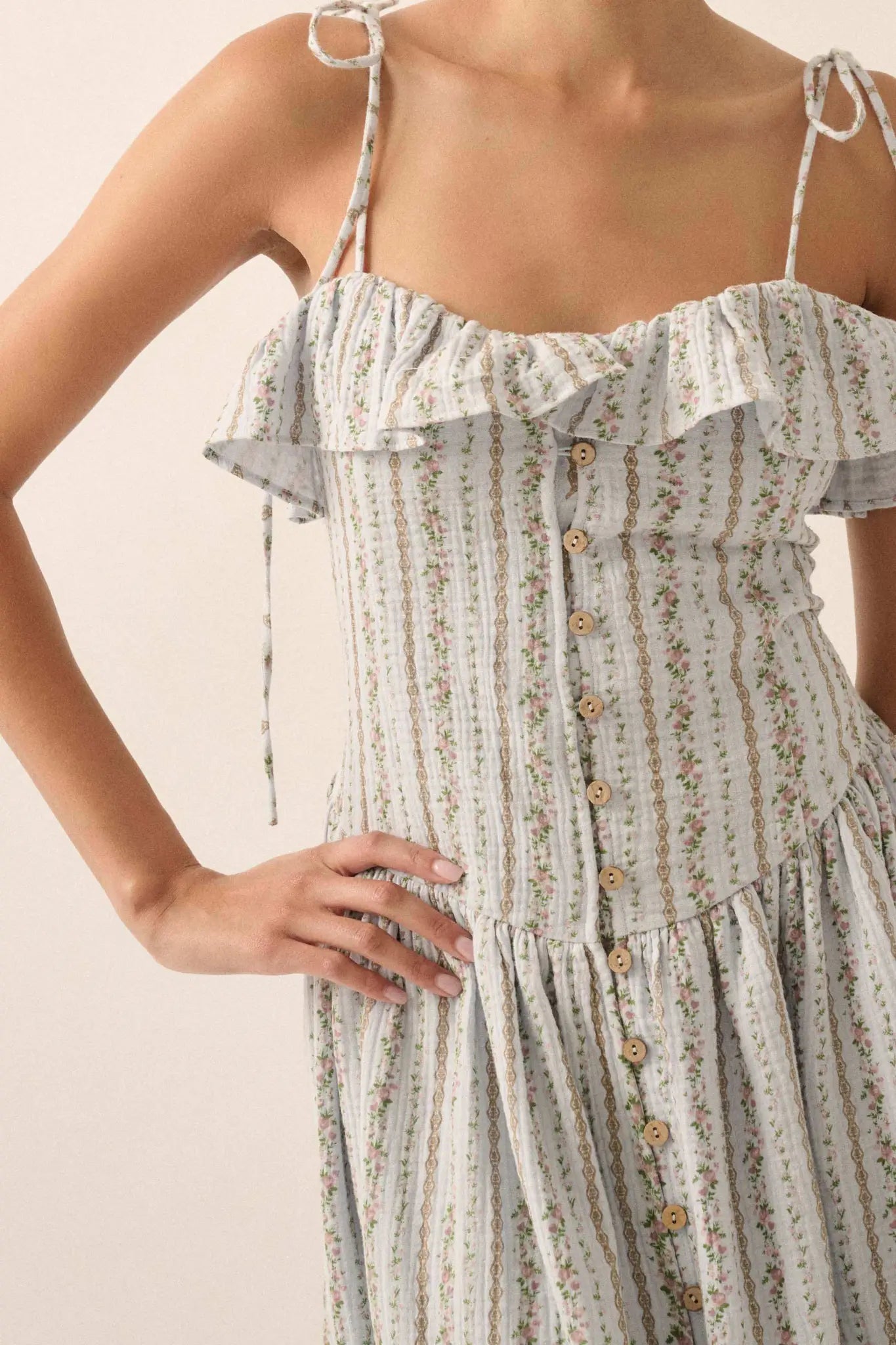 Climbing Vines Floral Gauze Ruffle Midi Dress