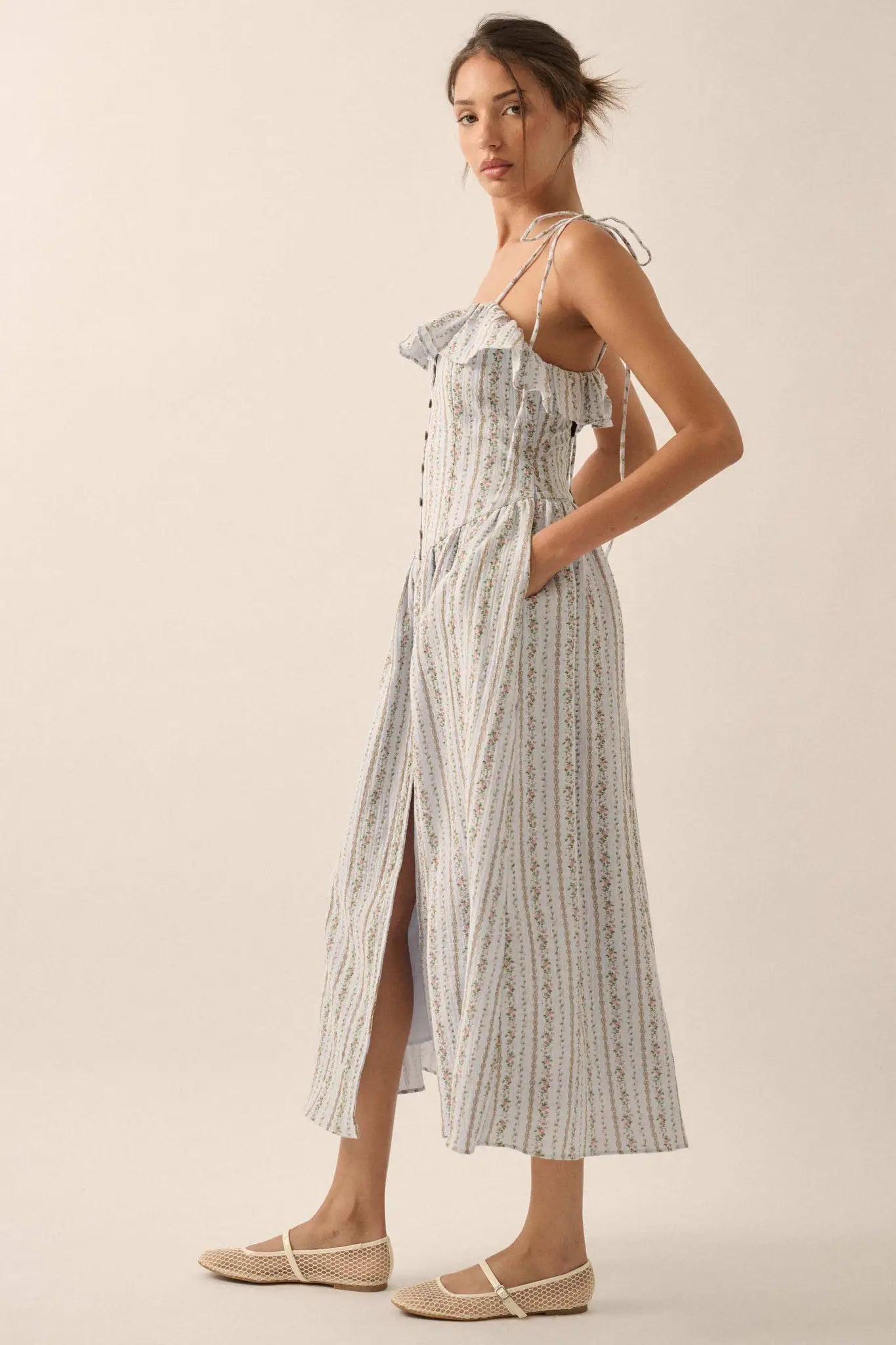 Climbing Vines Floral Gauze Ruffle Midi Dress