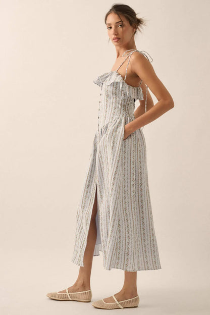 Climbing Vines Floral Gauze Ruffle Midi Dress