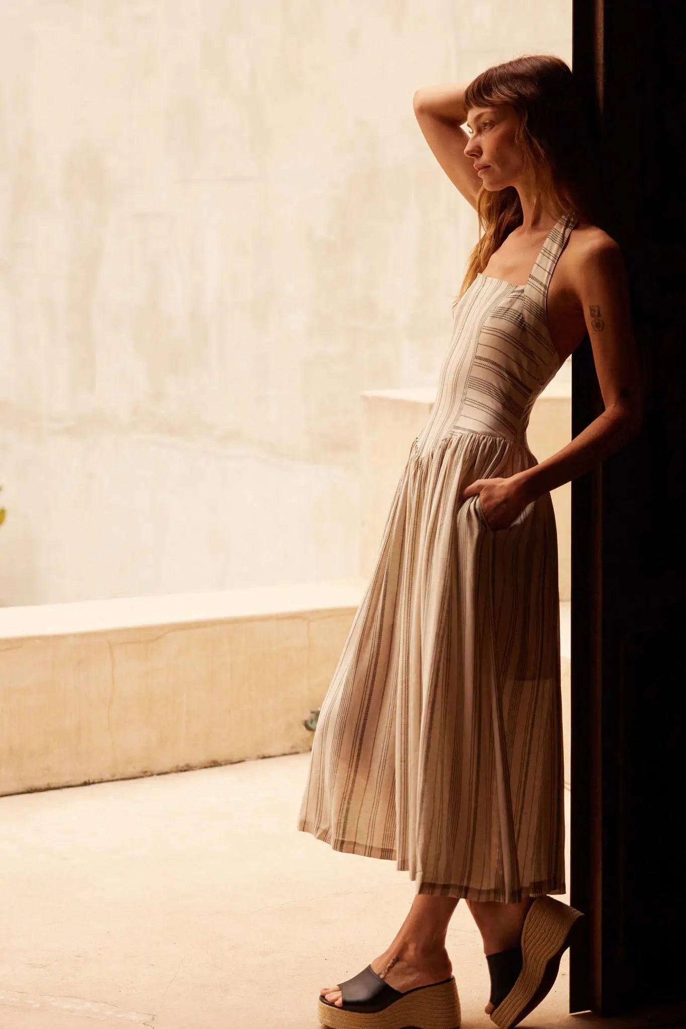 Along the Way Pinstripe Drop-Waist Midi Dress