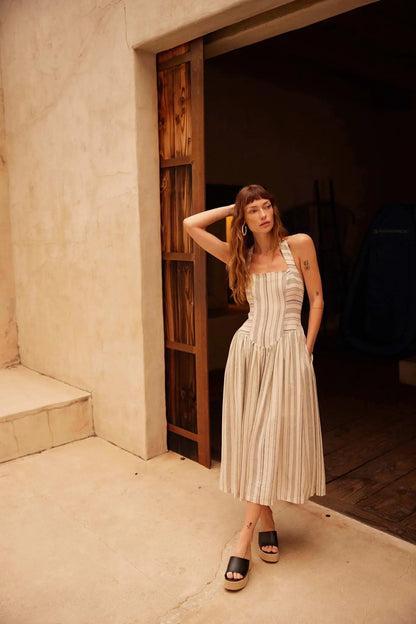 Along the Way Pinstripe Drop-Waist Midi Dress