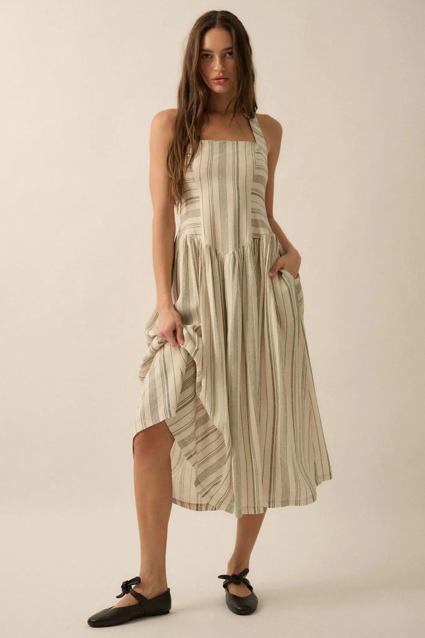 Along the Way Pinstripe Drop-Waist Midi Dress