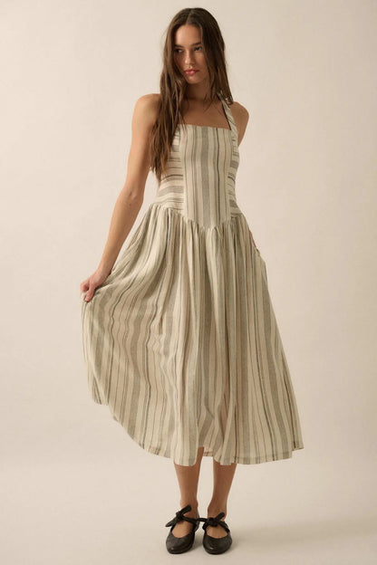 Along the Way Pinstripe Drop-Waist Midi Dress