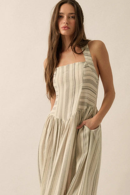 Along the Way Pinstripe Drop-Waist Midi Dress