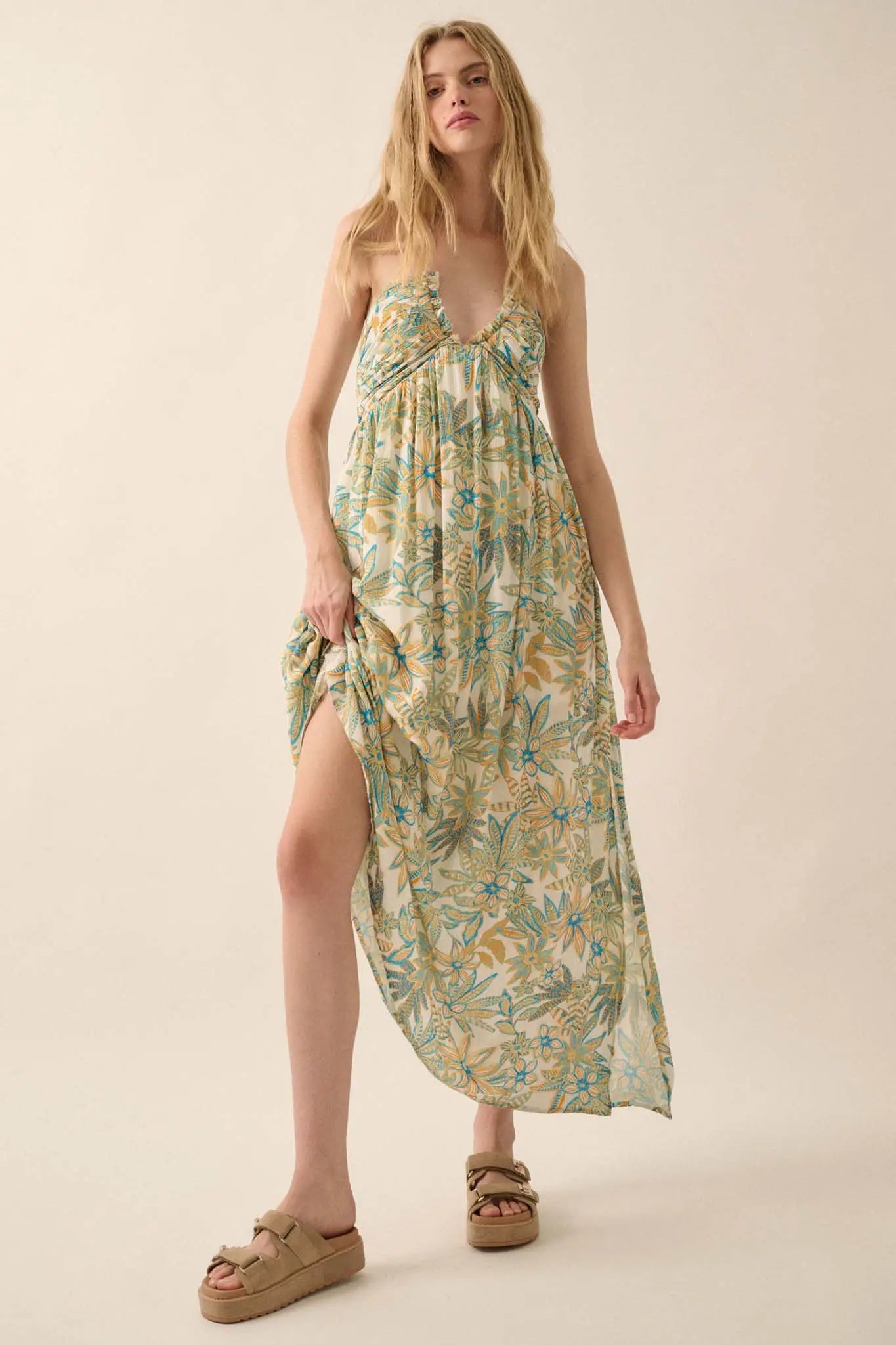 Abundant Blooms Floral Crepe Halter Maxi Dress