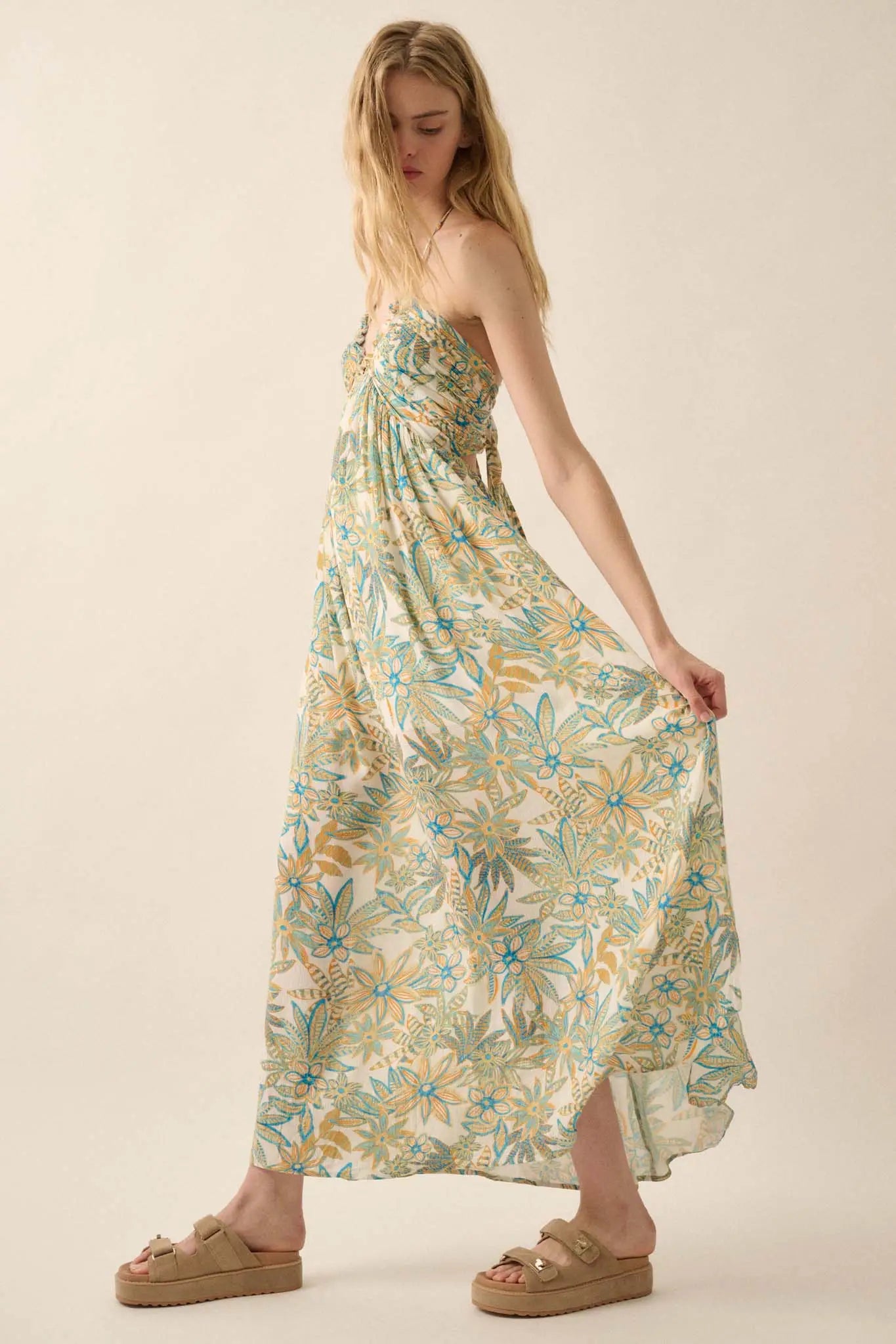 Abundant Blooms Floral Crepe Halter Maxi Dress