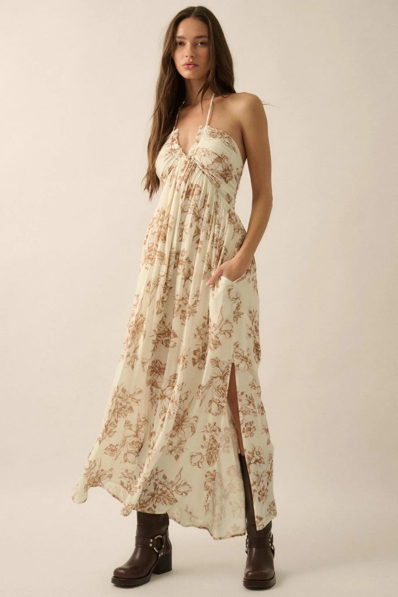 Everlasting Beauty Floral Crepe Halter Maxi Dress