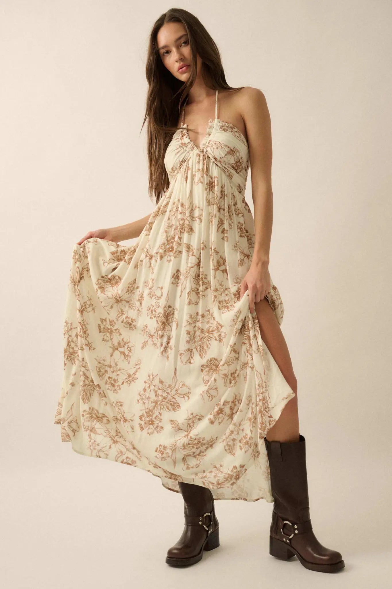 Everlasting Beauty Floral Crepe Halter Maxi Dress