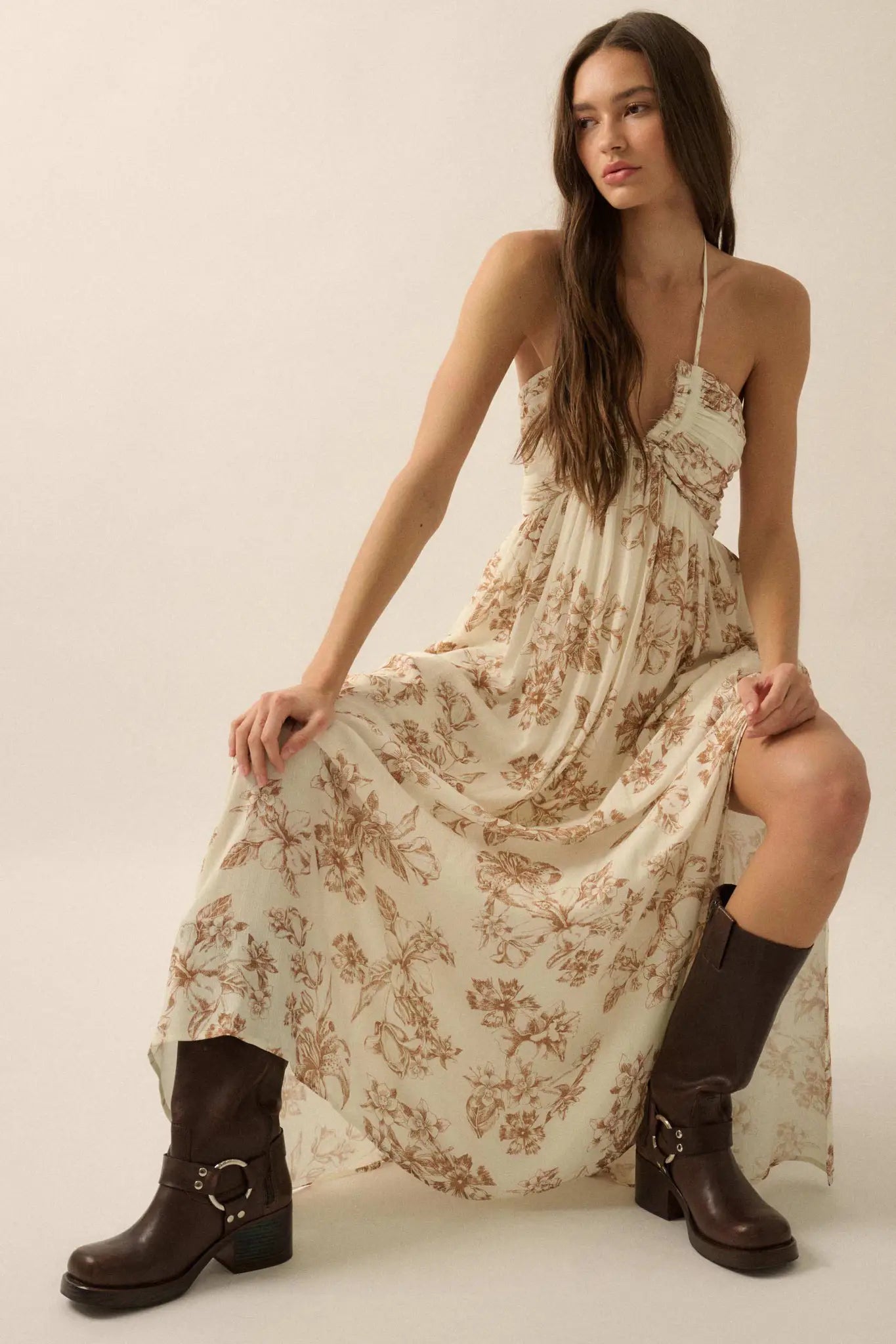 Everlasting Beauty Floral Crepe Halter Maxi Dress