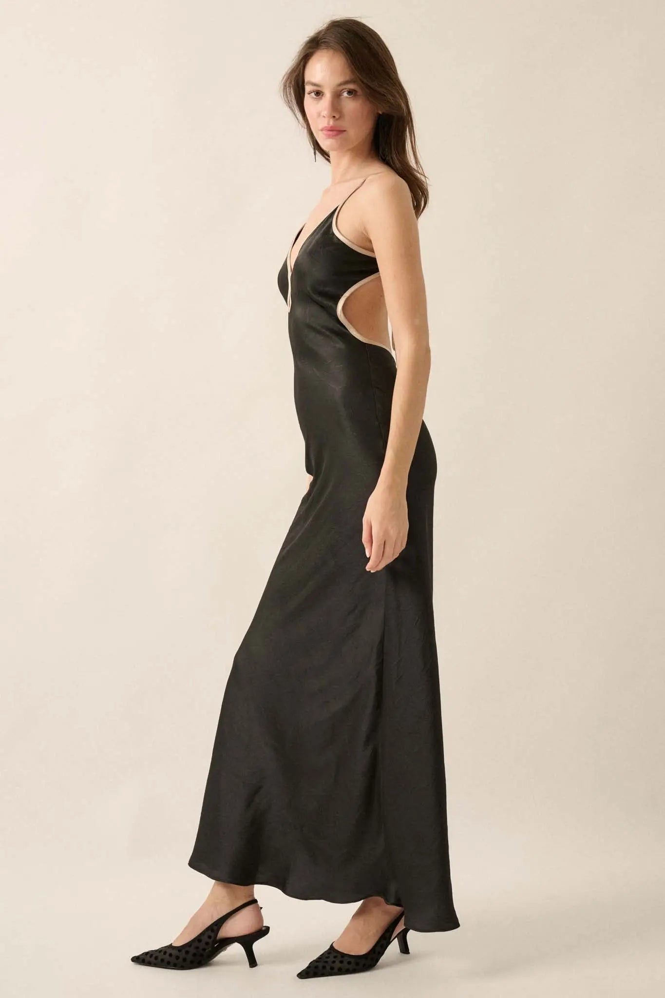 Silken Touch Textured Satin Open-Back Maxi Dress
