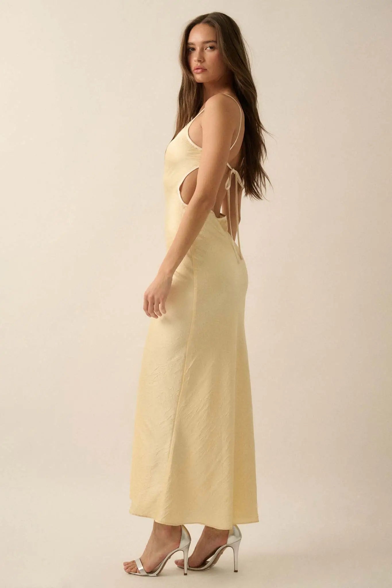 Silken Touch Textured Satin Open-Back Maxi Dress