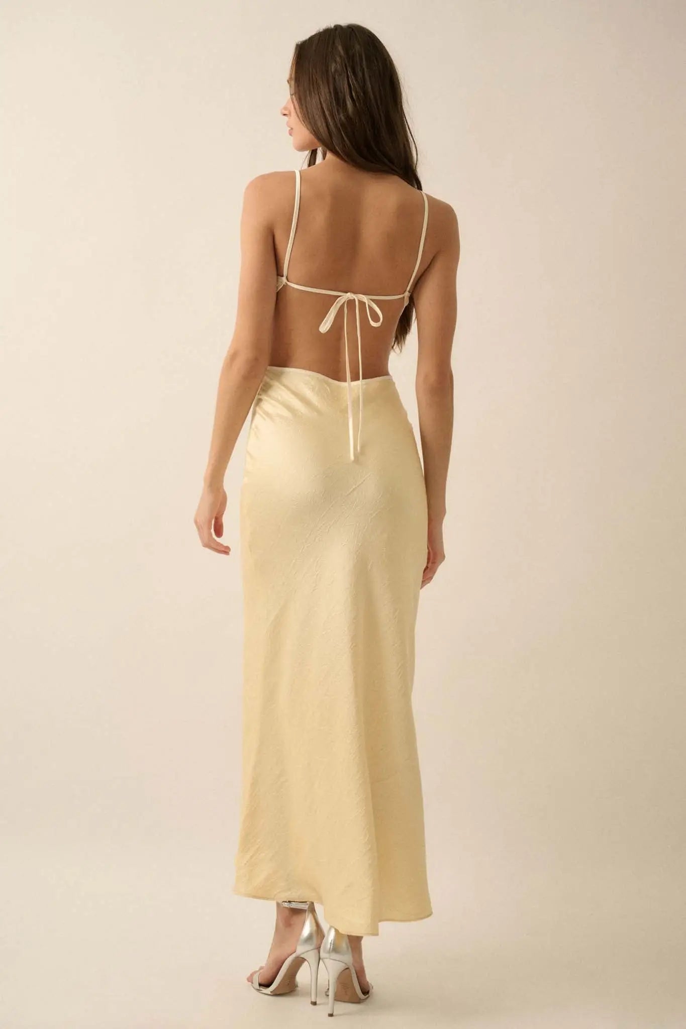 Silken Touch Textured Satin Open-Back Maxi Dress