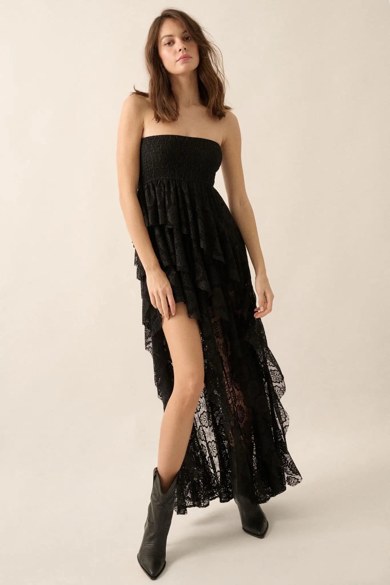 Ever After Asymmetrical Lace Strapless Maxi Dress