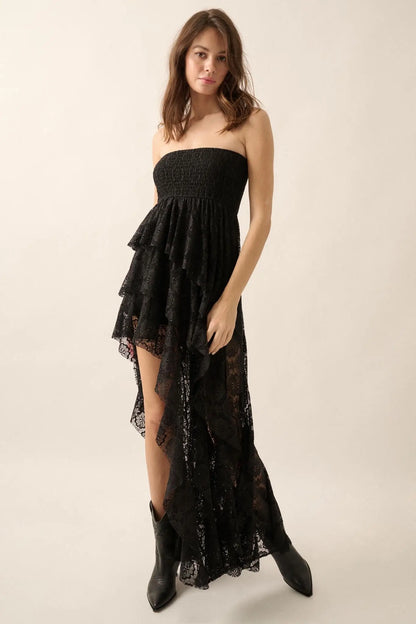 Ever After Asymmetrical Lace Strapless Maxi Dress