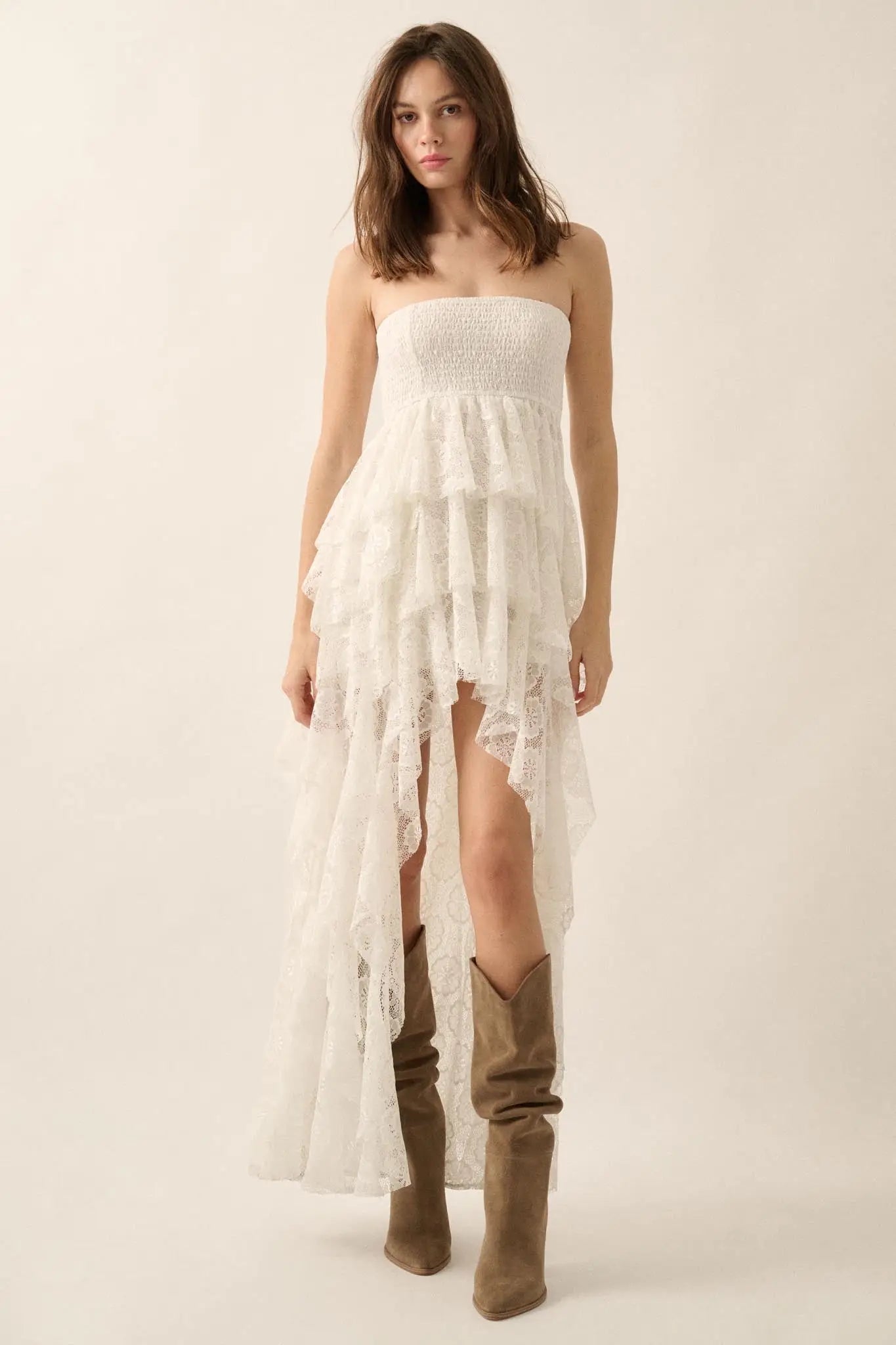 Ever After Asymmetrical Lace Strapless Maxi Dress