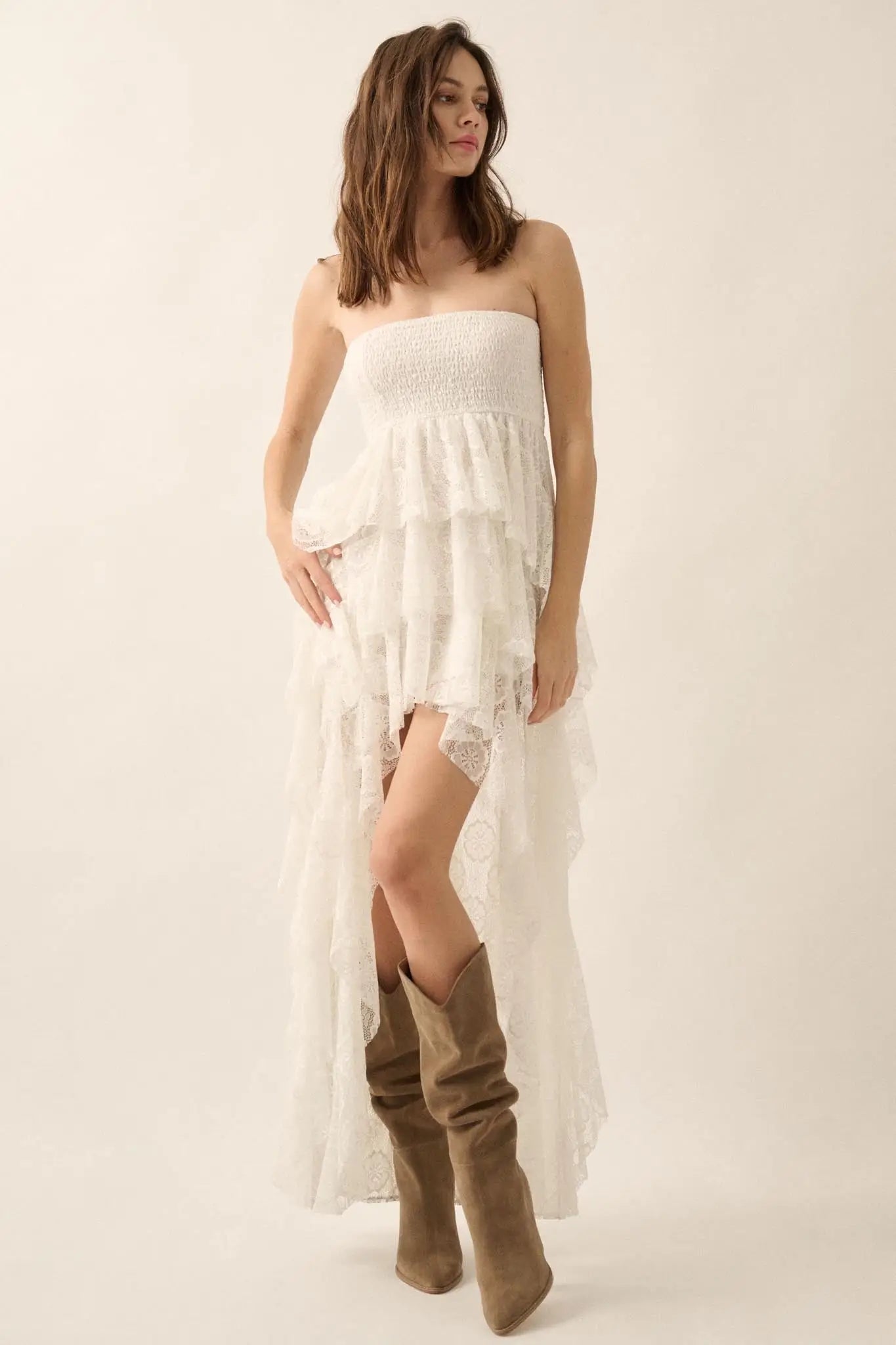 Ever After Asymmetrical Lace Strapless Maxi Dress