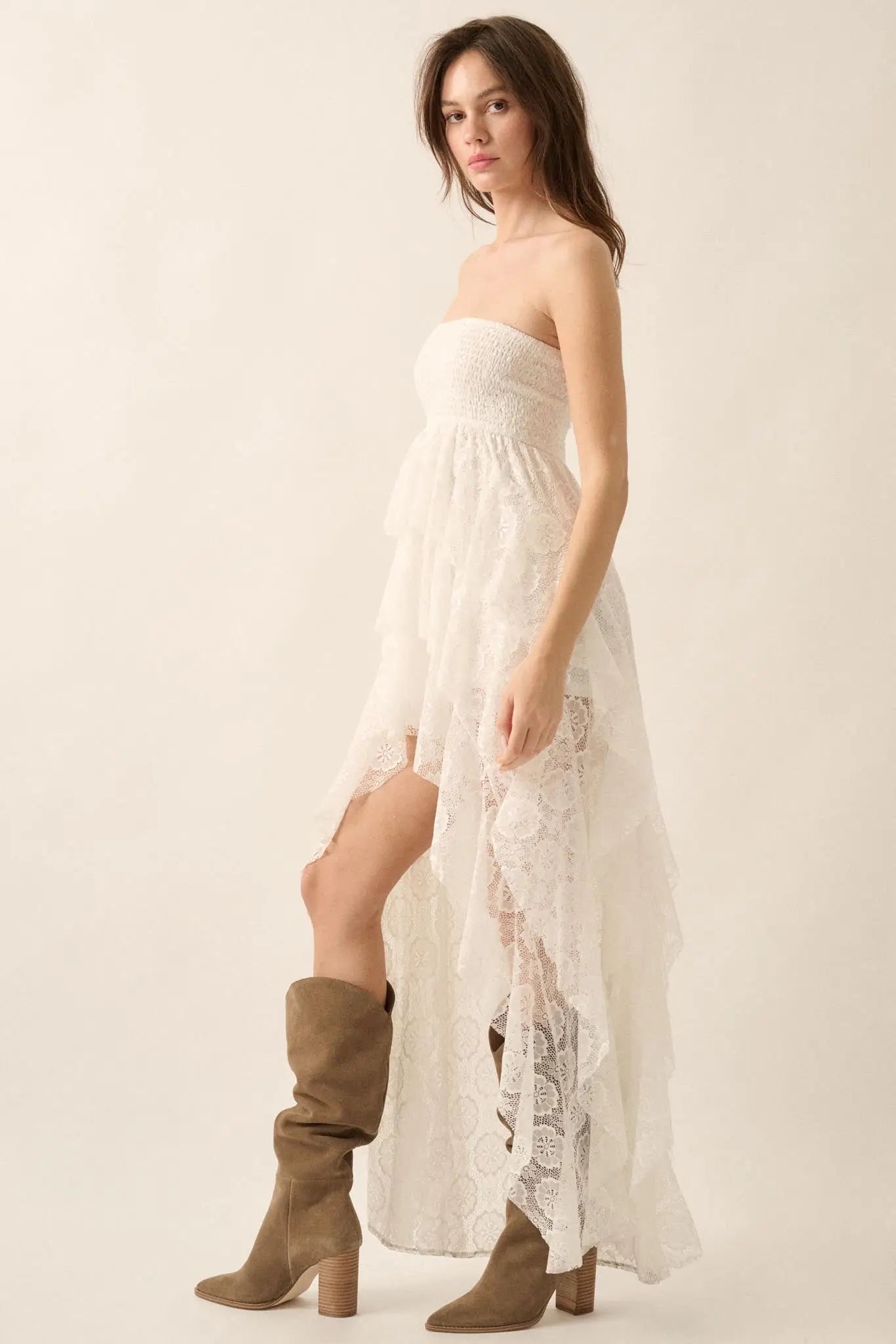 Ever After Asymmetrical Lace Strapless Maxi Dress