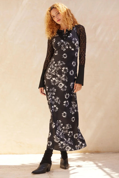 Silken Blossoms Bias-Cut Floral Satin Maxi Dress