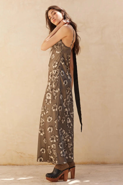 Silken Blossoms Bias-Cut Floral Satin Maxi Dress
