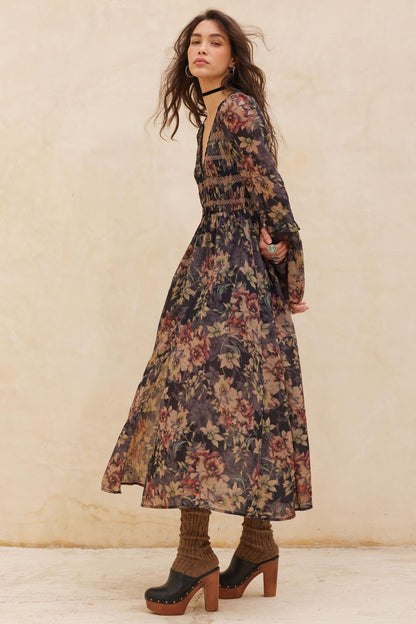 Boho Blossoms Floral Bell-Sleeve Midi Dress