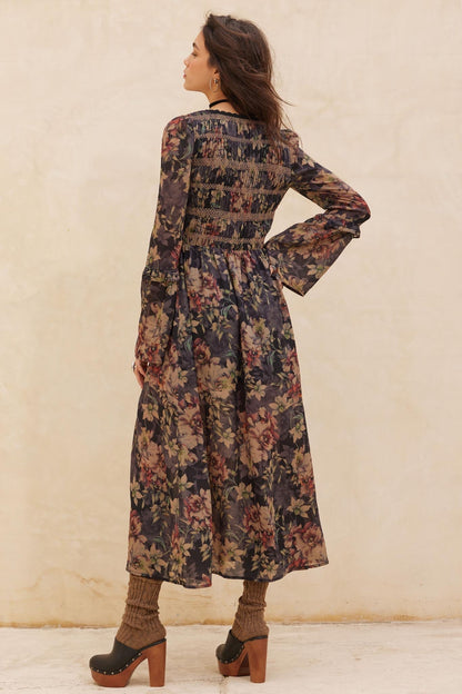 Boho Blossoms Floral Bell-Sleeve Midi Dress