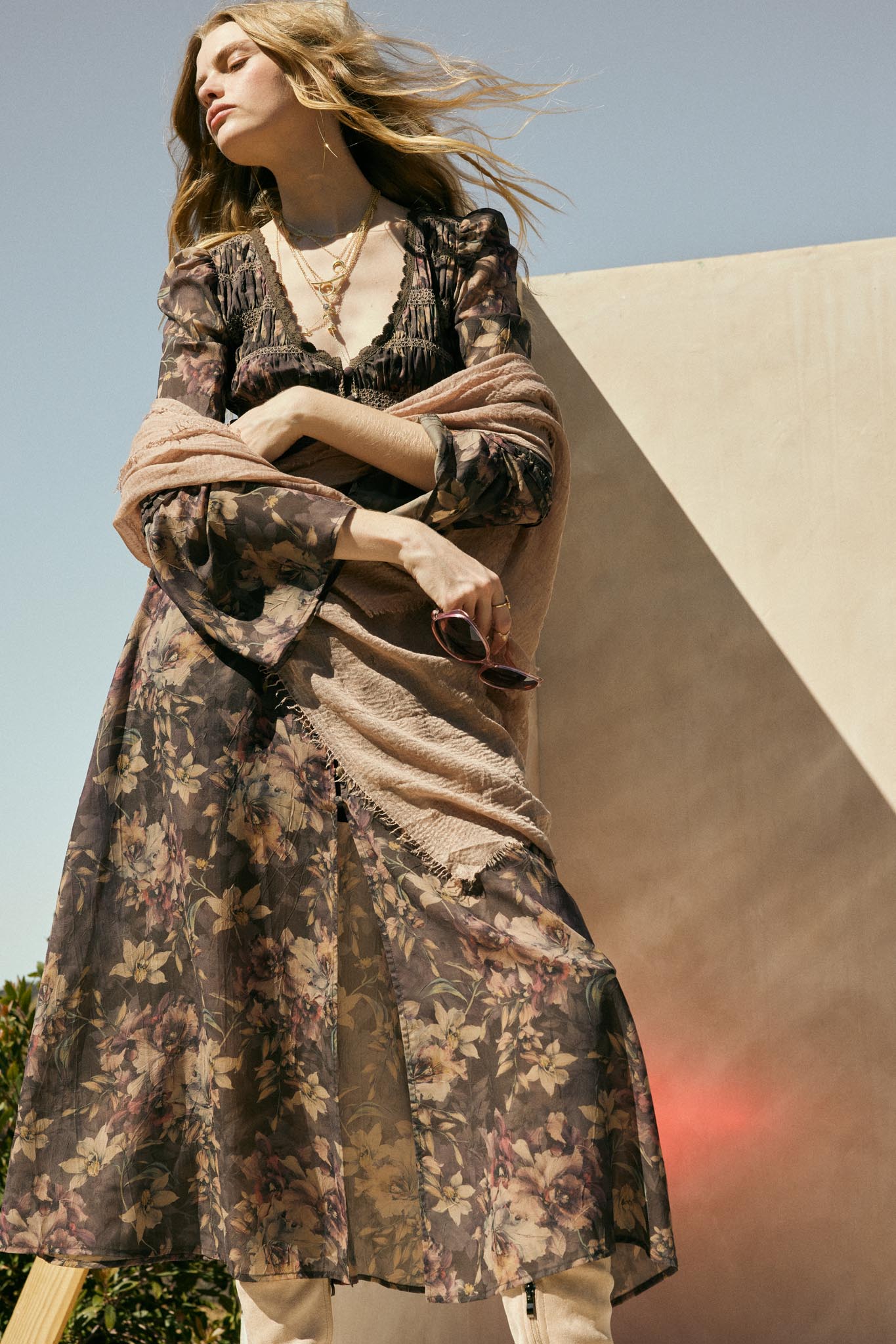 Boho Blossoms Floral Bell-Sleeve Midi Dress