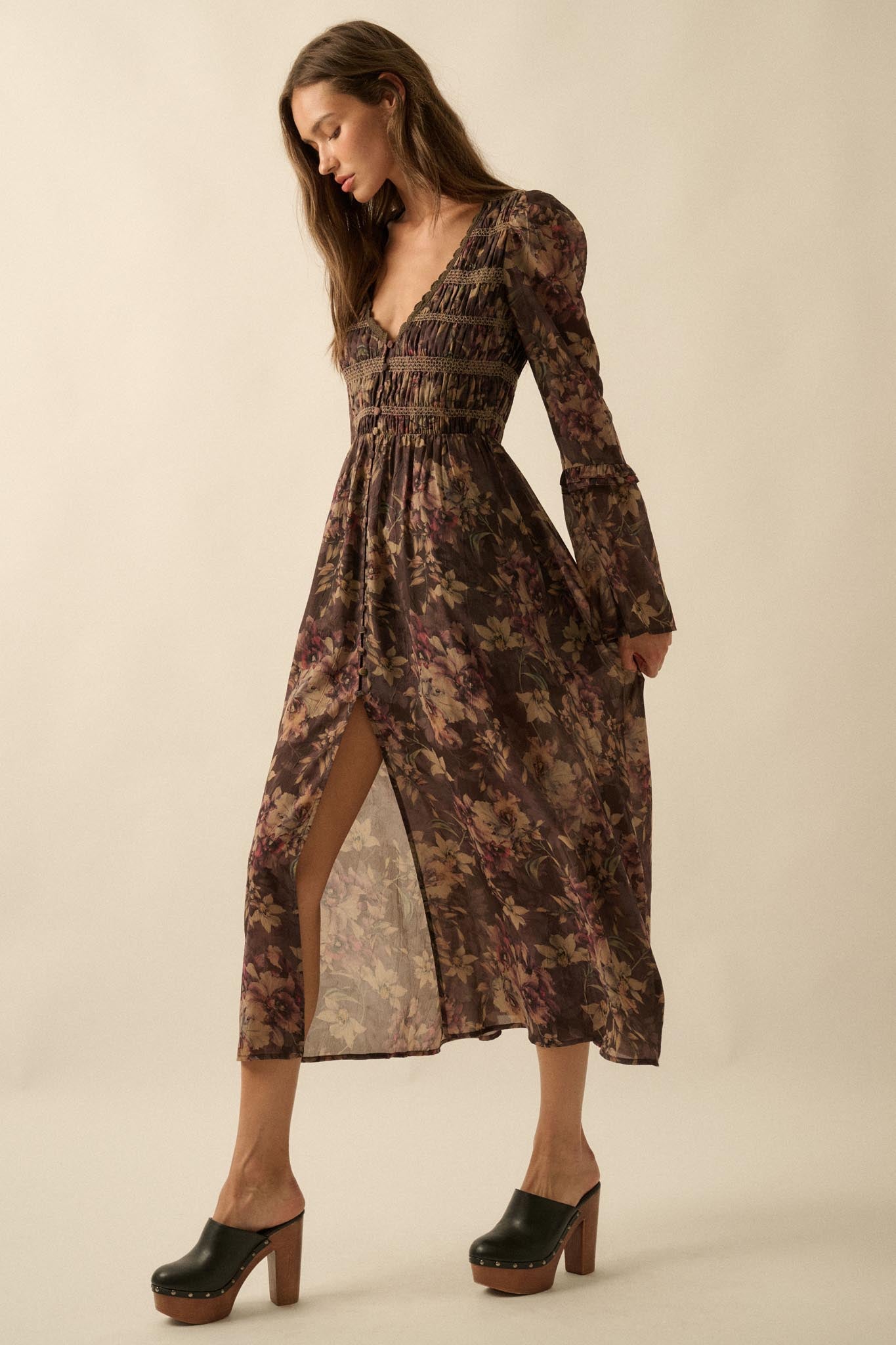 Boho Blossoms Floral Bell-Sleeve Midi Dress
