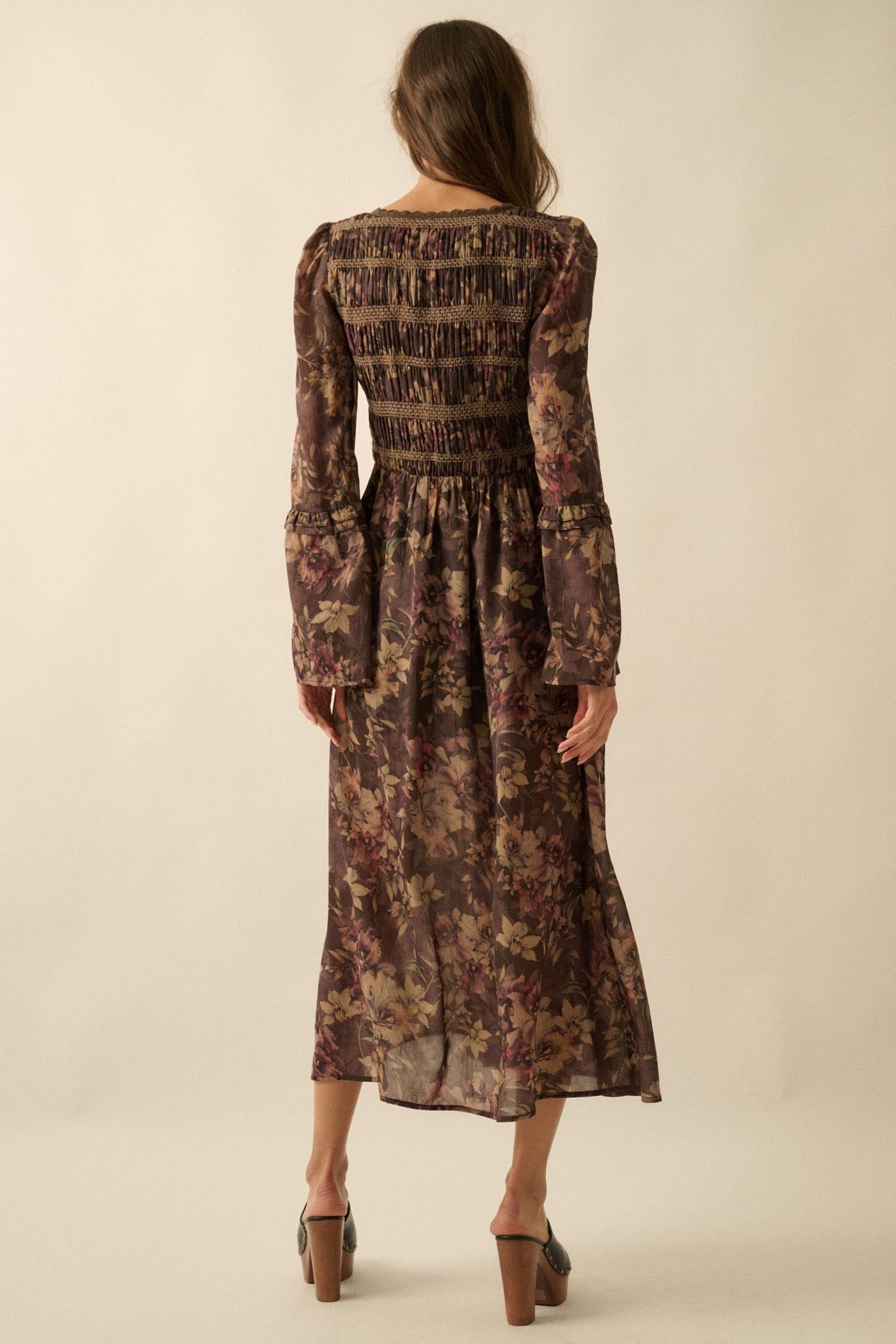 Boho Blossoms Floral Bell-Sleeve Midi Dress