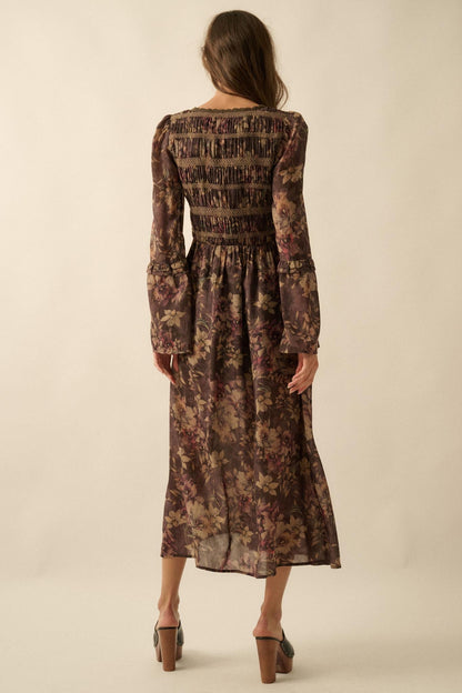 Boho Blossoms Floral Bell-Sleeve Midi Dress