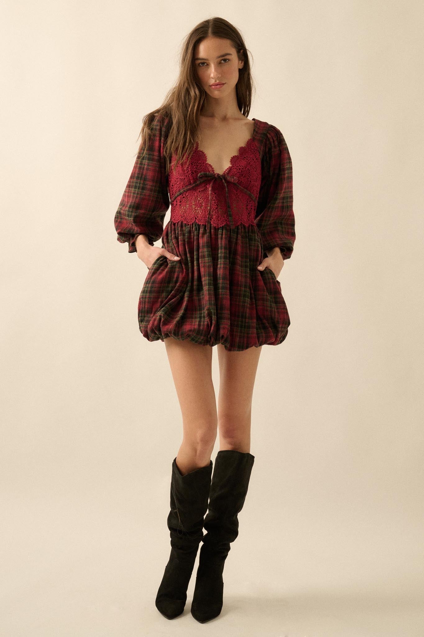 Country Cottage Plaid and Lace Bubble Mini Dress