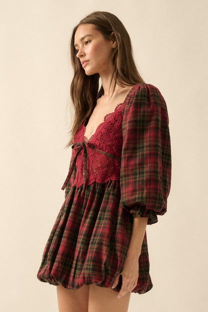 Country Cottage Plaid and Lace Bubble Mini Dress
