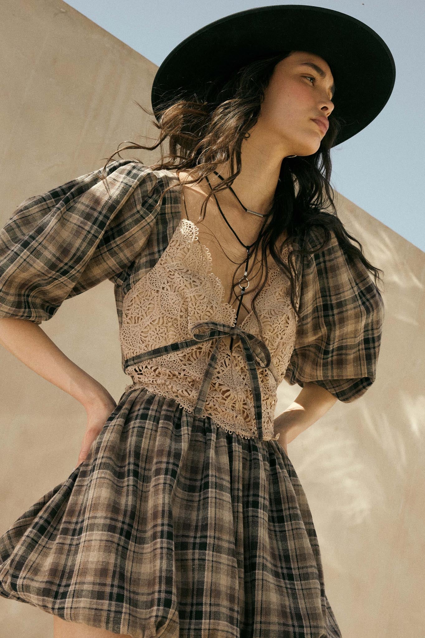Country Cottage Plaid and Lace Bubble Mini Dress