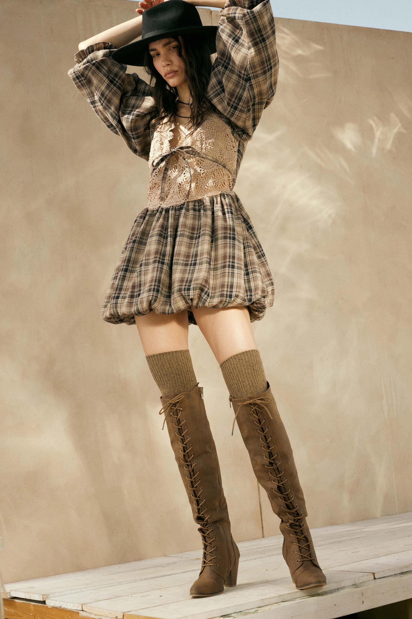 Country Cottage Plaid and Lace Bubble Mini Dress