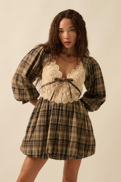 Country Cottage Plaid and Lace Bubble Mini Dress
