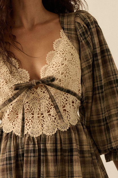 Country Cottage Plaid and Lace Bubble Mini Dress