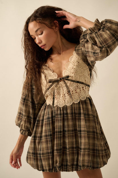 Country Cottage Plaid and Lace Bubble Mini Dress