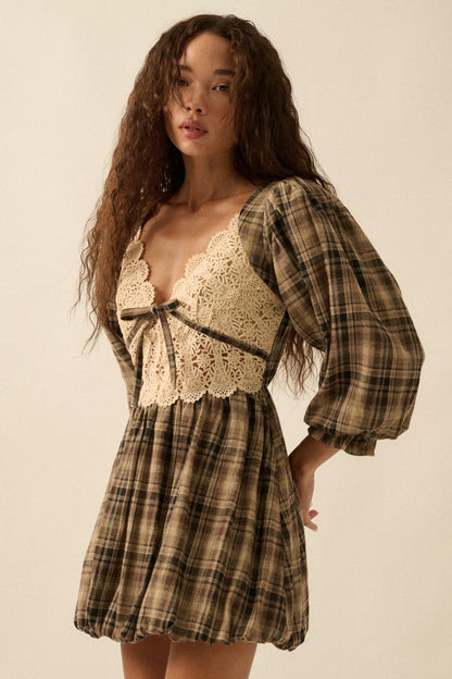 Country Cottage Plaid and Lace Bubble Mini Dress