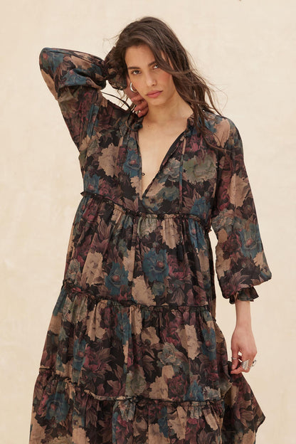 Potpourri Grove Tiered Floral Midi Prairie Dress
