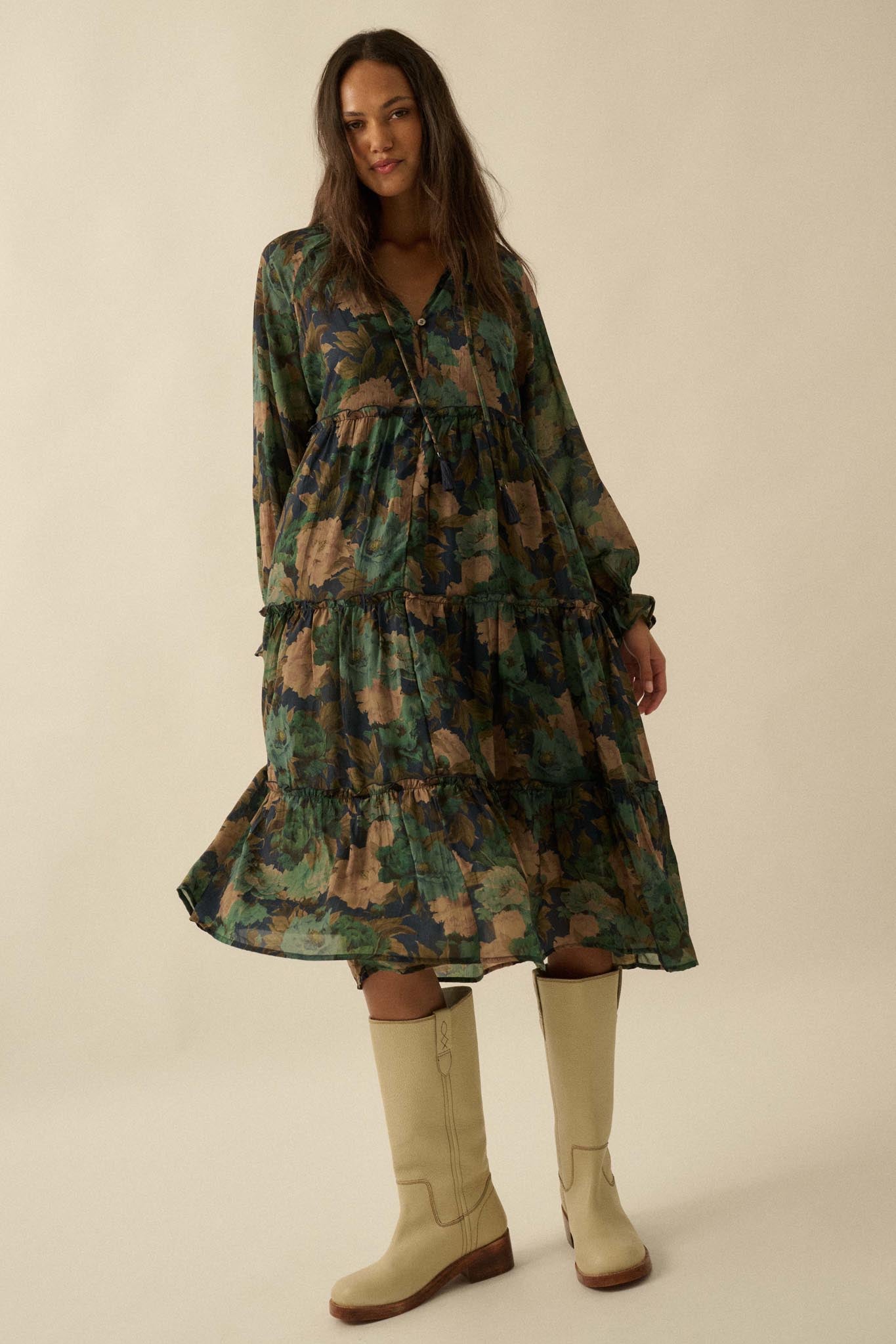 Potpourri Grove Tiered Floral Midi Prairie Dress