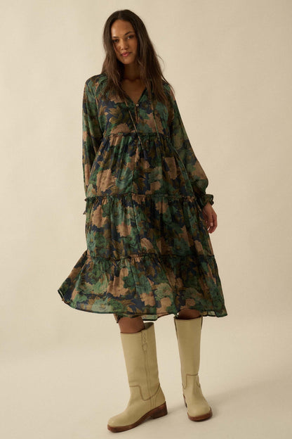 Potpourri Grove Tiered Floral Midi Prairie Dress