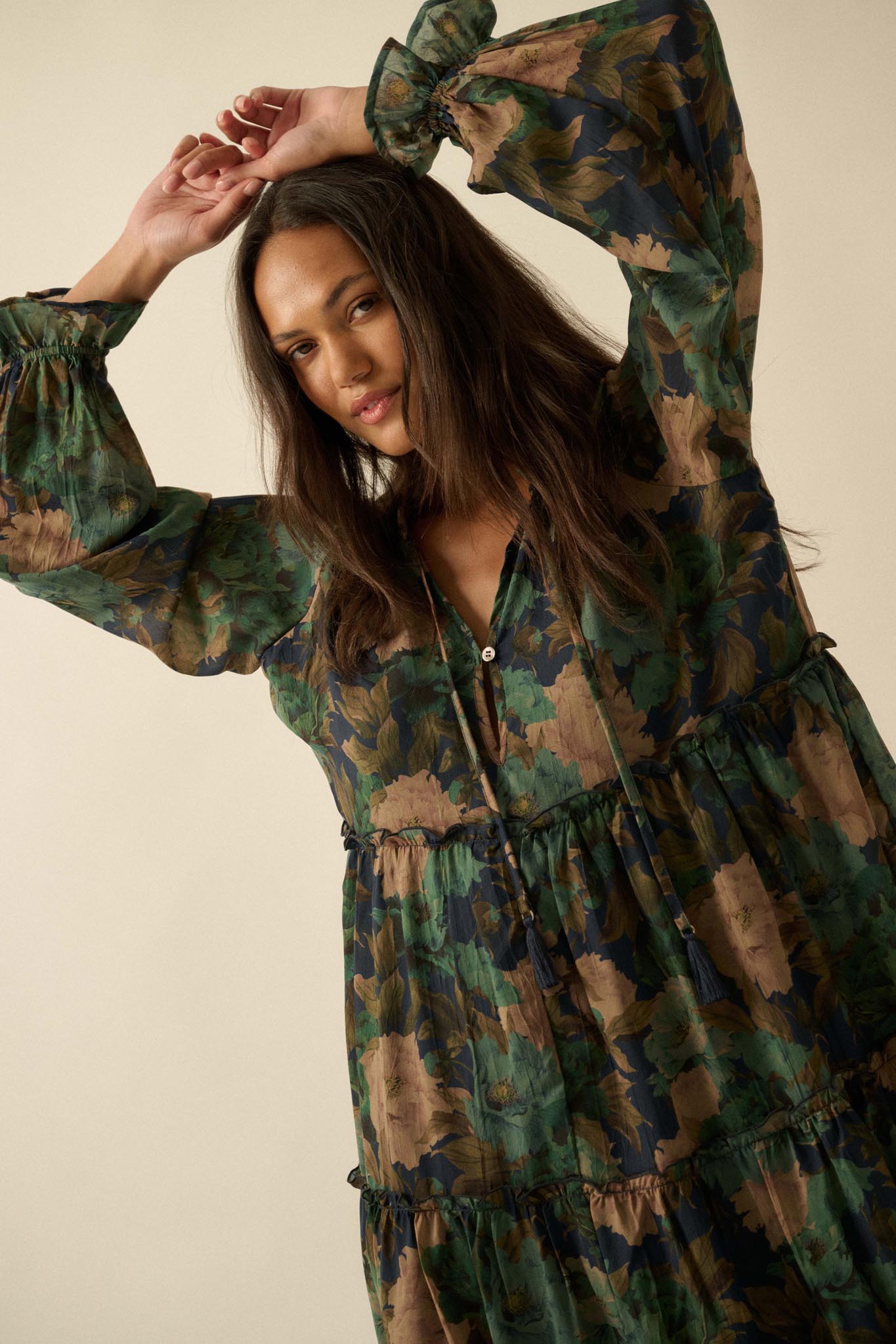 Potpourri Grove Tiered Floral Midi Prairie Dress