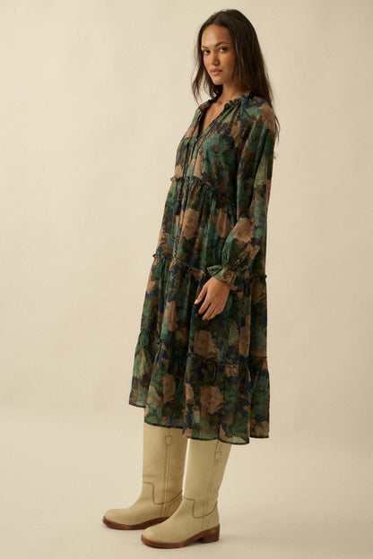 Potpourri Grove Tiered Floral Midi Prairie Dress