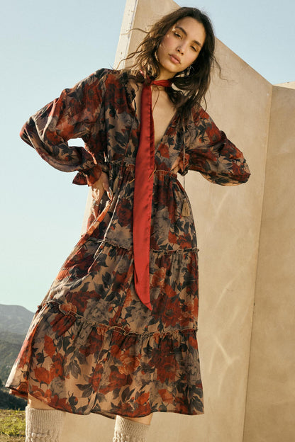 Potpourri Grove Tiered Floral Midi Prairie Dress