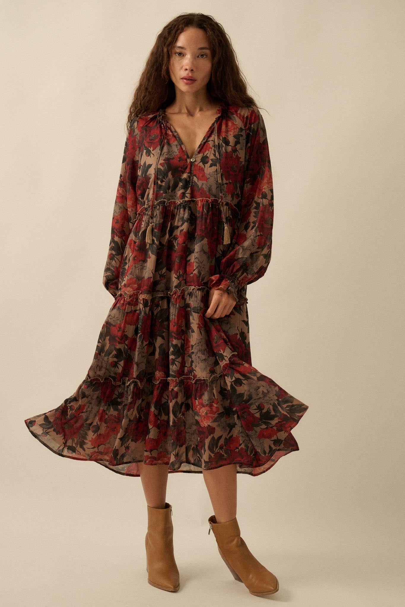Potpourri Grove Tiered Floral Midi Prairie Dress