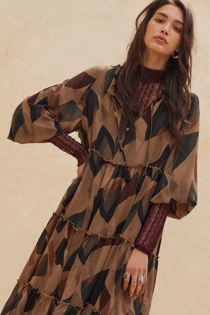 Modern Vintage Abstract-Print Midi Prairie Dress