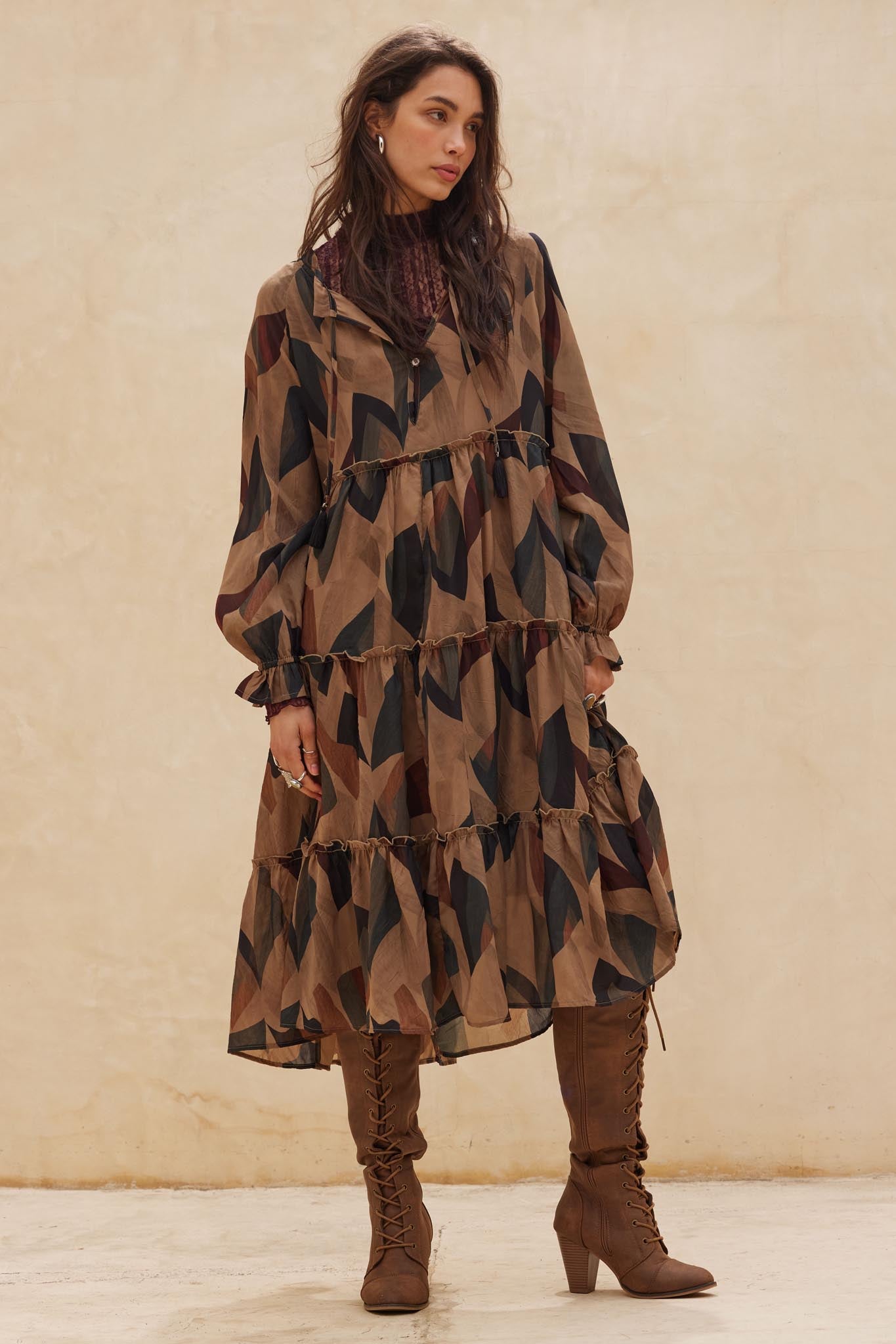 Modern Vintage Abstract-Print Midi Prairie Dress