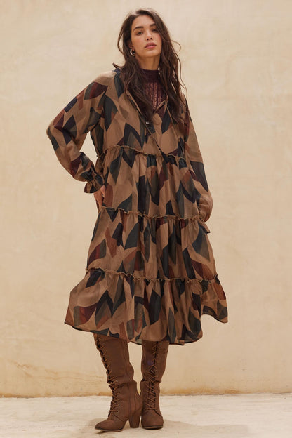 Modern Vintage Abstract-Print Midi Prairie Dress