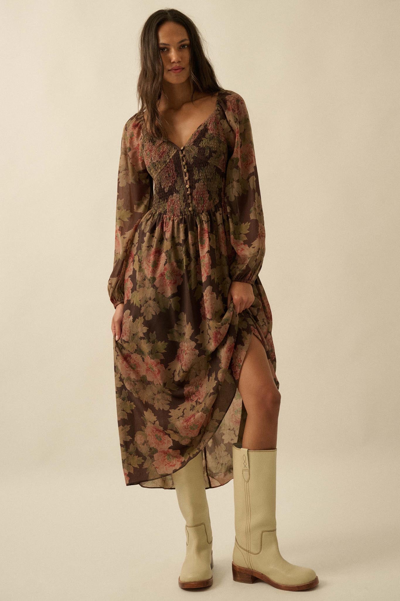 Peaceful Petals Smocked Floral Midi Peasant Dress